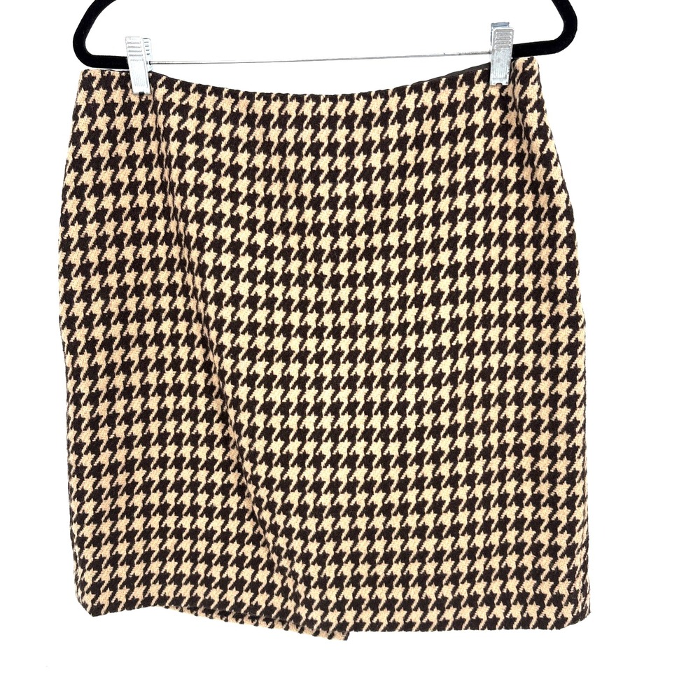 Talbots Women's 14 Petite Houndstooth Skirt Brown Tan Wool Blend Lined Business
